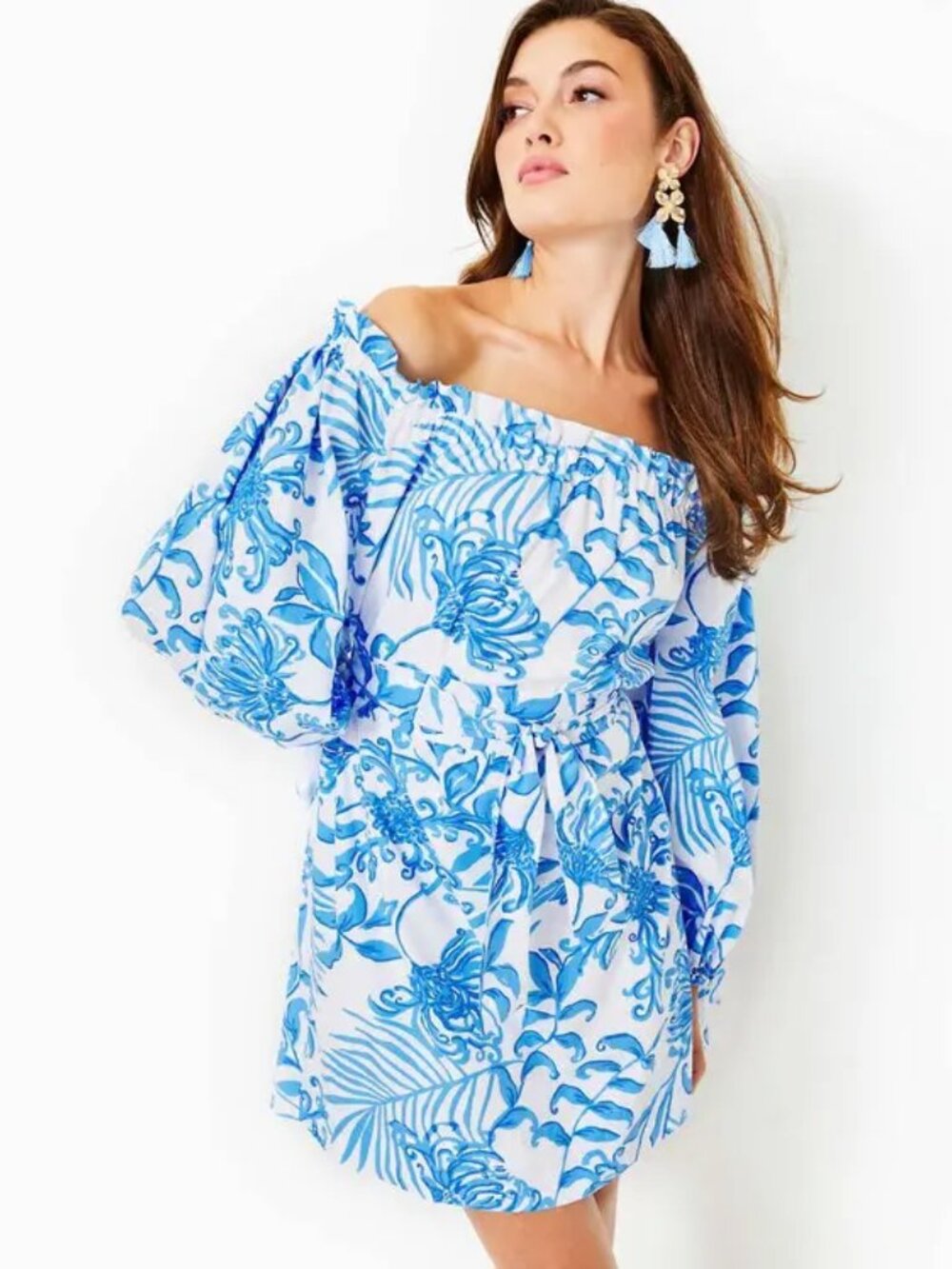 NWT Lilly Pulitzer Jamielynn Off-the-shoulder Resort White Blue Dress Large